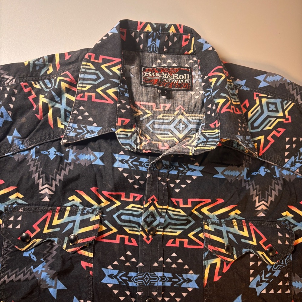 Rock and Roll Cowboy Mens Large Aztec Tribal‎ Print Western Snap Shirt Black L